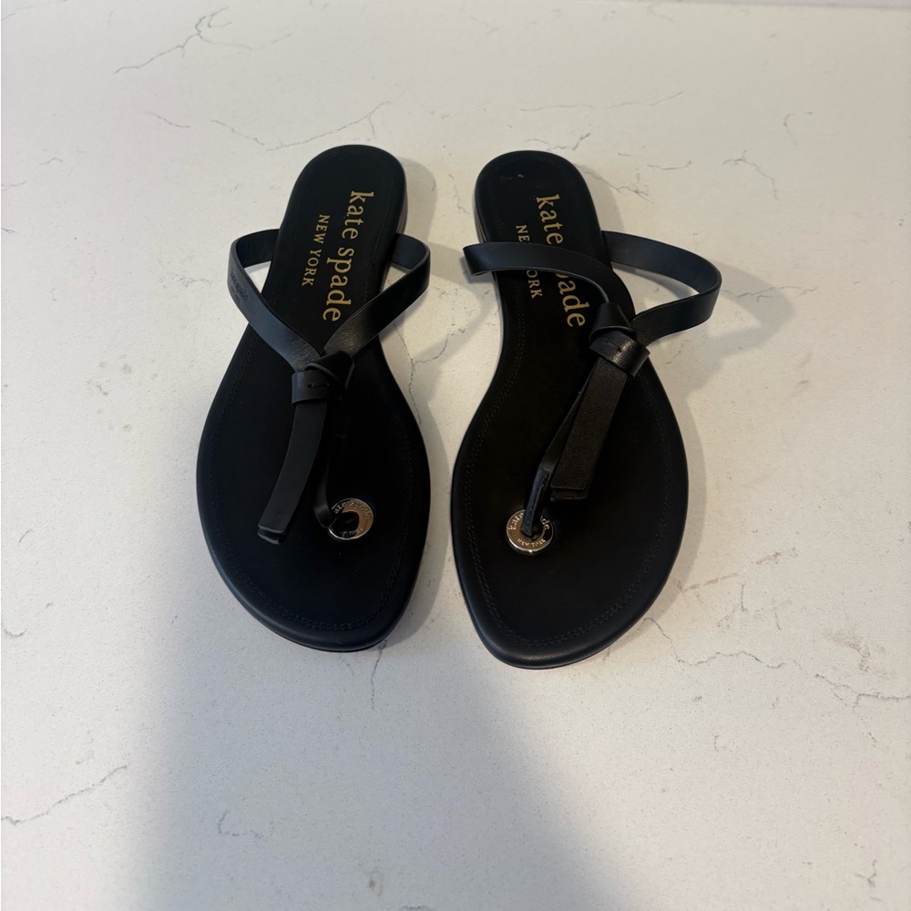 kate spade Black Leather Sandals with Gold Accent